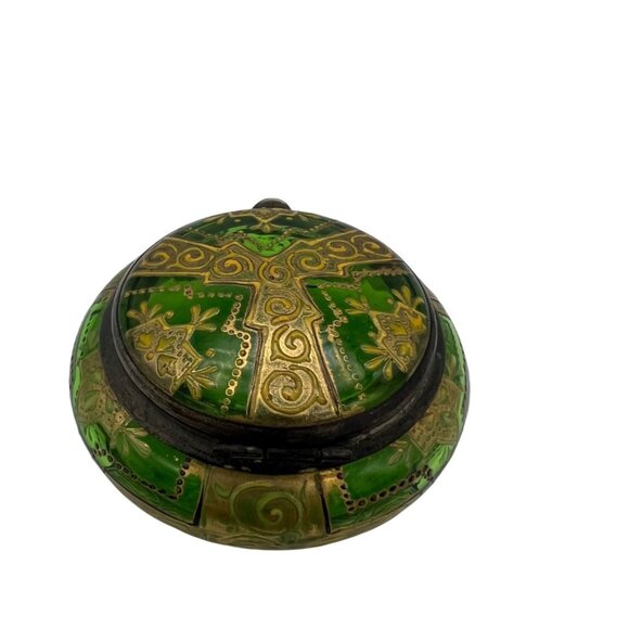 Vintage Green Bohemian Glass Enamel Hinged Patch Trinket Box Moser Style - Picture 3 of 7